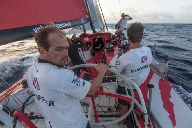 Onboard Dongfeng Race Team – Kevin Escoffier at the helm,controlling the rest of the fleet - Leg six to Newport – Volvo Ocean Race 2015 ©  Sam Greenfield / Volvo Ocean Race